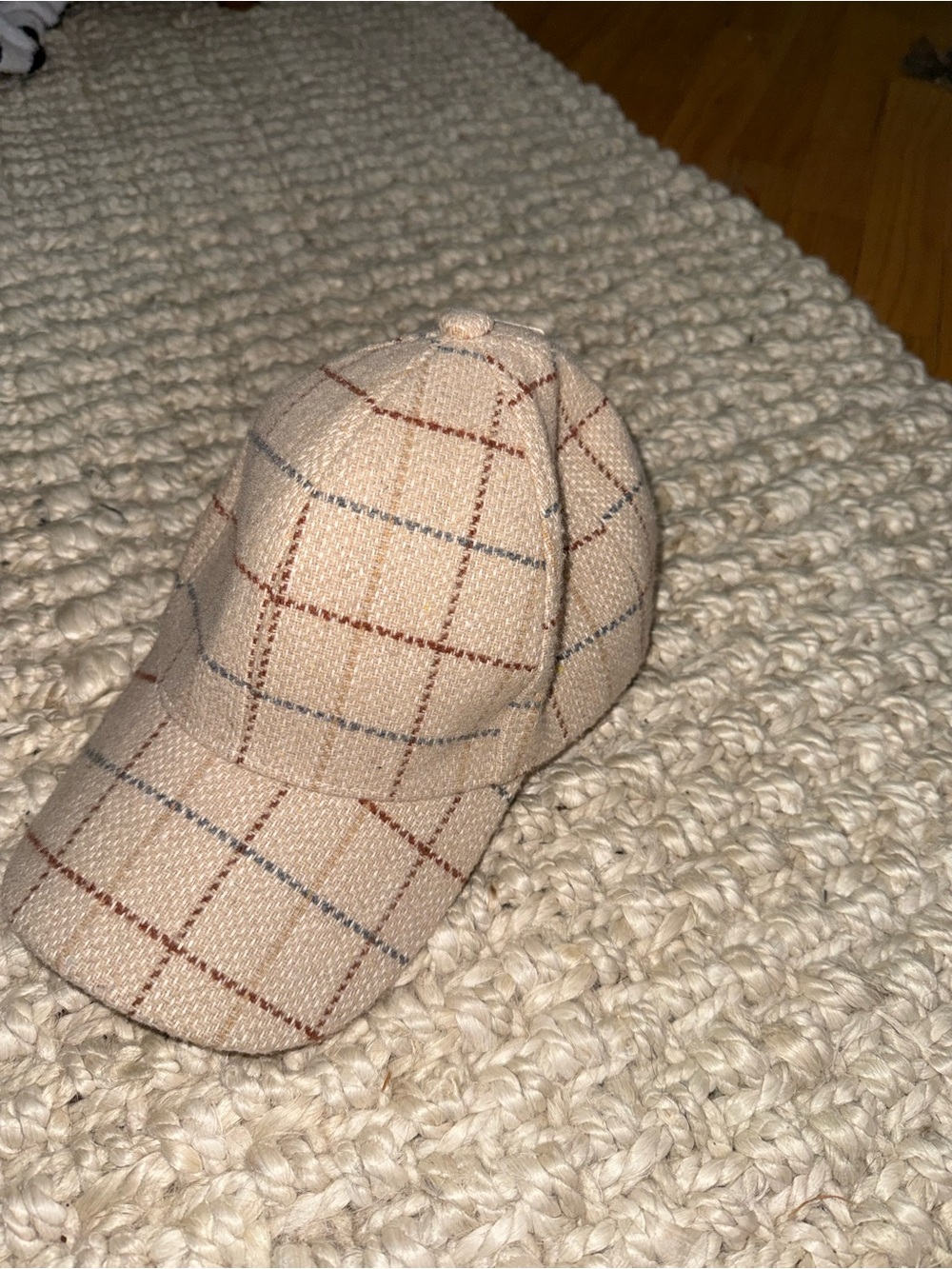 Anthropologie Plaid Baseball Cap in Beige with Brown & Blue Accents